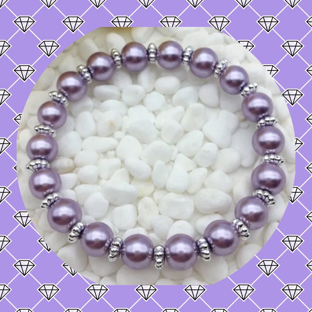 💜NEW LT Purple 8mm Glass Pearl/Silv Stret